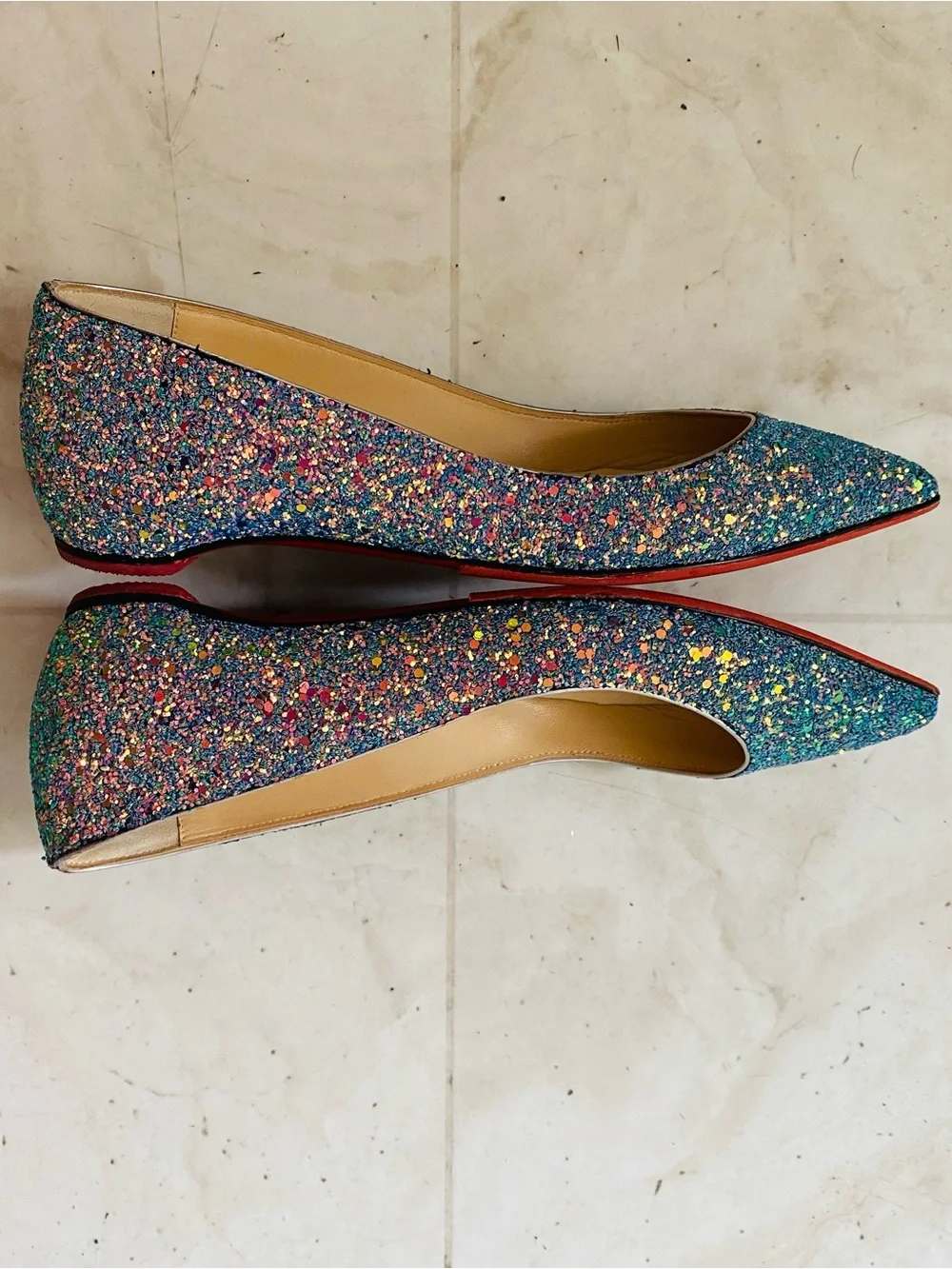 Christian Louboutin Kate Multicolor Blue Glitter Pointed Toe Ballet Flats Sz 6.5